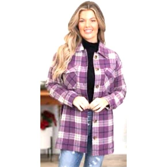Hem & Thread Purple Plaid Wool Blend Shacket Boho Chic Casual Size Large 1157E2 - Picture 1 of 10